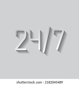 24h hours a day and 7 days a week simple icon, vector. Flat design. Paper style with shadow. Gray background.ai