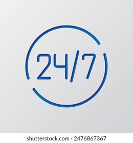 24 horas al día y 7 días a la semana simple Vector de iconos. Diseño plano. Diseño de corte de papel. Símbolo azul cortado con sombra. Fondo gris.ai