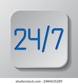 24h Stunden am Tag und 7 Tage die Woche einfache Ikone, Vektorgrafik. Flaches Design. Papierschnittdesign. Ausgeschnittenes blaues Symbol mit Schatten. Graues Abzeichen Button, grauer Hintergrund.ai