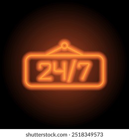 24h hours a day and 7 days a week icon, vector. Flat design. Orange neon on black background.ai