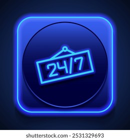 24h hours a day and 7 days a week icon vector. Flat design. Blue neon style on button. With shadow.ai
