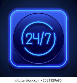 24h hours a day and 7 days a week simple icon vector. Flat design. Blue neon style on button. With shadow.ai