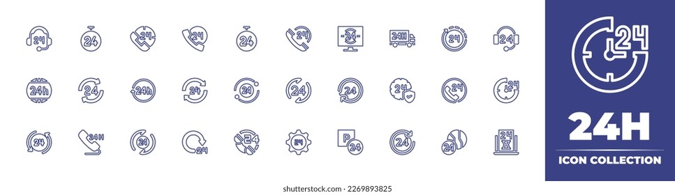 Colección de iconos de línea de 24 horas. Trazo editable. Ilustración vectorial. Con soporte, cronómetro, horas, h, noticias, entrega, call center, carga, soporte de horas, estacionamiento, tiempo limitado.