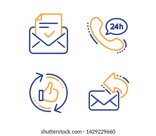 24h service, Approved mail and Refresh like icons simple set. Share mail sign. Call support, Confirmed document, Thumbs up counter. New e-mail. Technology set. Linear 24h service icon. Vector