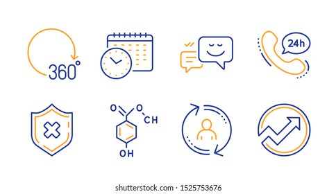 24h service, Calendar time and 360 degrees line icons set. Reject protection, Chemical formula and Happy emotion signs. User info, Audit symbols. Call support, Clock. Technology set. Vector