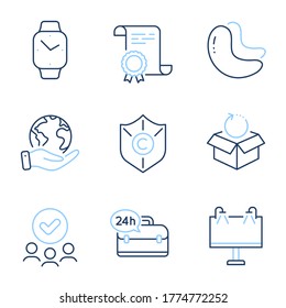 24h service, Copyright protection and Smartwatch line icons set. Diploma certificate, save planet, group of people. Return package, Road banner and Cashew nut signs. Vector