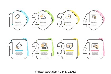 24h service, E-mail and Ab testing icons simple set. Certificate sign. Call support, Mail delivery, Test chat. Verified document. Technology set. Infographic timeline. Line 24h service icon. Vector