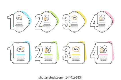 24h service, Face verified and Message icons simple set. Face cream sign. Call support, Access granted, Speech bubble. Gel. Business set. Infographic timeline. Line 24h service icon. Vector