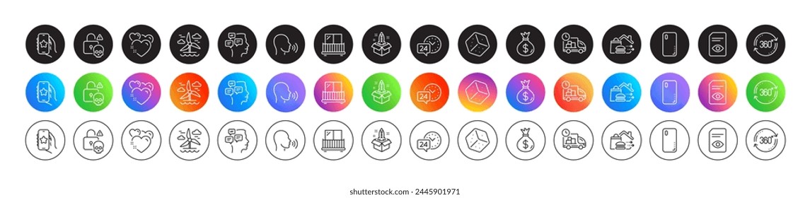 Servicio 24h, Cántico humano e iconos de línea de rotación completa. Botones de degradado de iconos redondos. Paquete de entrega, corazón, icono de dados. Molino de viento, mensajes, pictograma de inicio. Vector