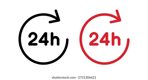 24h Service Icon Set. Round arrow time symbol in line style vector illustration