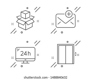 24h Service, Packing Boxes And New Mail Line Icons Set. Lift Sign. Call Support, Delivery Package, Add E-mail. Elevator. Technology Set. Line 24h Service Outline Icon. Vector