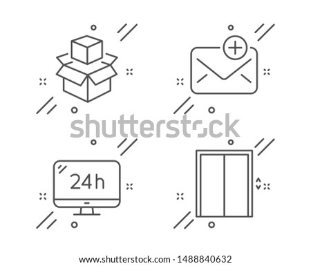 24h service, Packing boxes and New mail line icons set. Lift sign. Call support, Delivery package, Add e-mail. Elevator. Technology set. Line 24h service outline icon. Vector