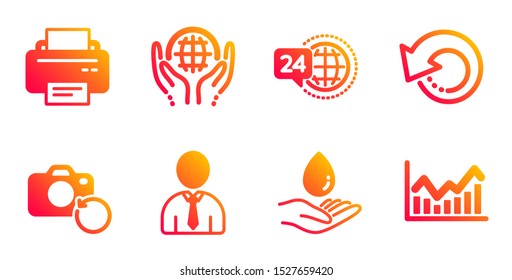 24h service, Printer and Recovery data line icons set. Recovery photo, Organic tested and Water care signs. Human, Infochart symbols. Call support, Printing device. Business set. Vector