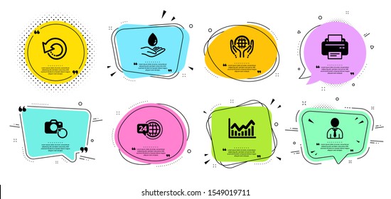24h service, Printer and Recovery data line icons set. Chat bubbles with quotes. Recovery photo, Organic tested and Water care signs. Human, Infochart symbols. Call support, Printing device. Vector