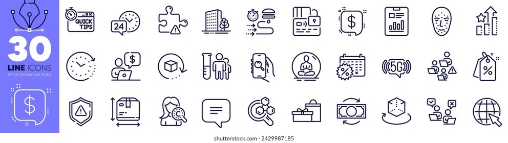 24h service, Puzzle and Text message line icons pack. Return package, Yoga, Chemistry lab web icon. Face biometrics, Teamwork, Box size pictogram. Food delivery, Online voting, Shield. Vector