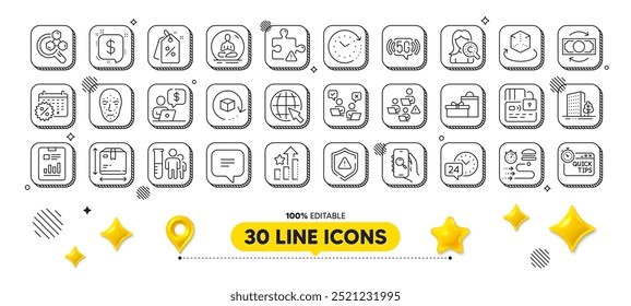 24h service, Puzzle and Text message line icons pack. 3d design elements. Return package, Yoga, Chemistry lab web icon. Face biometrics, Teamwork, Box size pictogram. Vector