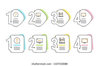 24h service, Question mark and Airplane travel icons simple set. Monitor sign. Call support, Help support, Check in. Computer component. Business set. Infographic timeline. Line 24h service icon