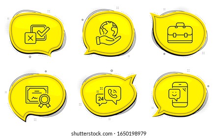 24h service sign. Diploma certificate, save planet chat bubbles. Portfolio, Smile and Checkbox line icons set. Business case, Phone feedback, Survey choice. Call support. Technology set. Vector
