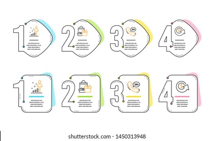 24h service, Stats and Shopping icons simple set. Dollar exchange sign. Call support, Business analysis, Holiday packages. Money refund. Business set. Infographic timeline. Line 24h service icon