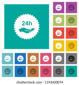 24h service sticker multi colored flat icons on plain square backgrounds. Included white and darker icon variations for hover or active effects.