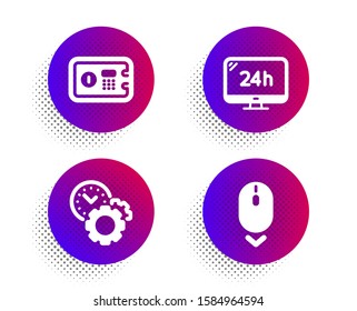 Servicio las 24 horas, administración de tiempo y iconos de caja segura simple conjunto. Botón de puntos de semitono. Desplácese hacia abajo. Asistencia para llamadas, Configuración, Depósito. Golpee el ratón. Conjunto tecnológico. Icono de servicio plano clásico las 24 horas. Vector