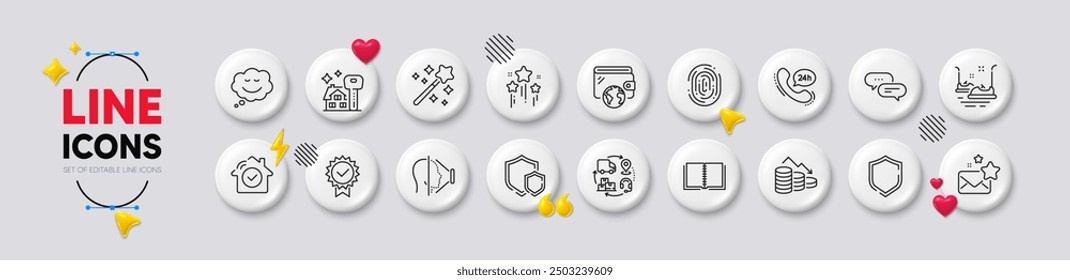 Servicio 24h, billetera y comprando iconos de línea de la casa. Iconos 3d de Botones blancos. Paquete de identificación facial, estrellas, icono de burbuja de discurso. Coches de parachoques, huellas dactilares, pictograma de certificado. Vector