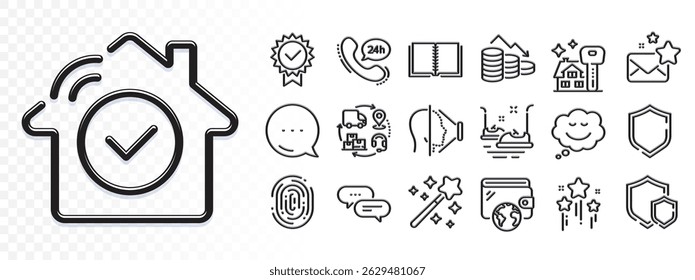 24h service, Wallet and Buying house line icons for web app. Glare of light effect. Message icon. Pack of Face id, Stars, Speech bubble pictogram icons. Vector