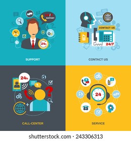 24h support telecommunication call center worldwide contact us information service flat icons composition abstract isolated vector illustration