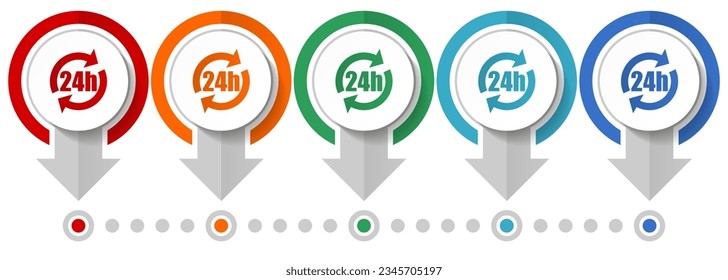 24h vector icon set, flat design infographic template, set pointer concept icons in 5 color options for webdesign and mobile applications