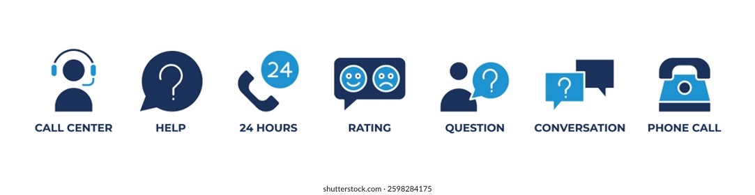 24-Hour Call Center Icons set vector illustration with Call center, Help, 24 hours, Rating, Question, Conversation, Phone call