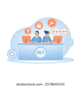 24-hour global online technical support. Customer service operators provide assistance with computers and headsets. Customer Satisfaction concept. Flat vector illustration.
