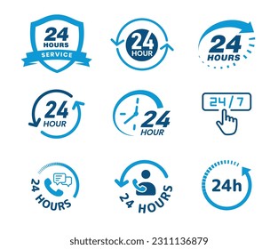 24-hour icon, badge bundle in blue color, 24-hour e-commerce customer support icon set, service daily, 24-hour blue color icon set for e-commerce, and icon bundle in blue.