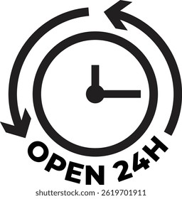 Icono de línea abierta de 24 horas, flecha giratoria, tiempo que da vueltas y vueltas