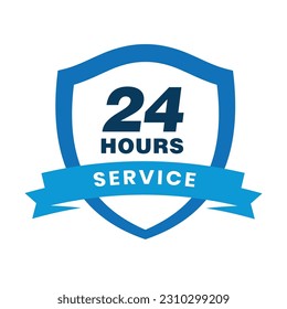 24-hour service badge, shield design with ribbon isolated on white background, 24-hour shield Security Concept.