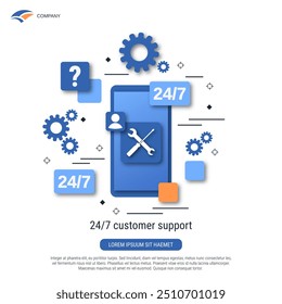 Servicio de 24 horas, Asistencia en línea, ilustración de concepto de Vector de estilo plano de línea directa