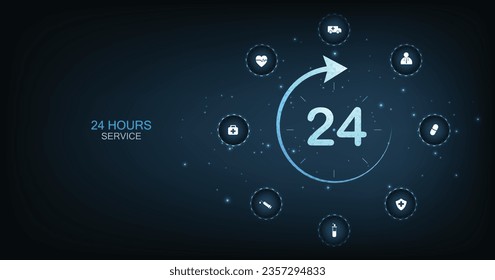 24-hour service virtual healthcare concept. The 24-hour a day medical icon is on a dark blue background.