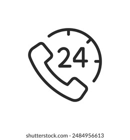 24-Stunden-Support, Linearsymbol. Telefonhörer und Uhr mit 24. Rund-um-die-Uhr-Kundenservice. Bearbeitbare Strichbreite