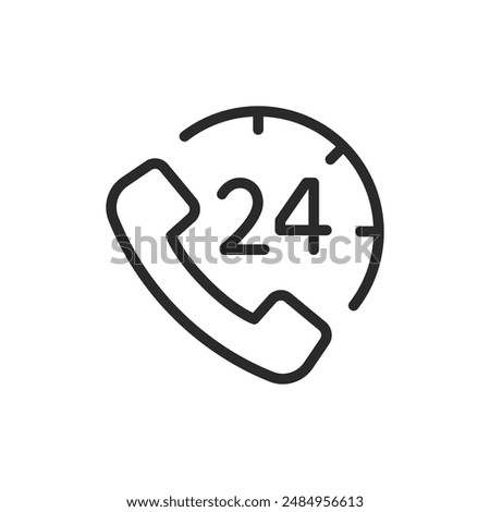 24-hour support, linear style icon. Phone handset and clock with 24. around-the-clock customer service. Editable stroke width