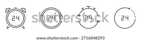 24-Hour Time Cycle Line Icon Set. Continuous Operation, Availability, And Service Duration Outline Symbol Collection. Time Management And Scheduling. Editable Stroke. Isolated Vector Illustration.
