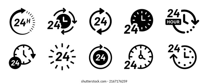 24-hour time icon vector set. Twenty-four hours clock symbol collection. 24h open all day service concept.