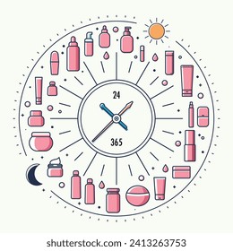 24hour365days_skin care rutina vectorial ilustraciones de iconos_ pink_packations