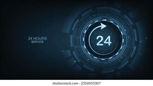 24-hours service concept. 24-hour circle arrow service icon vector illustration shows Customer service, Customer help, and Tech support on a dark blue background. 