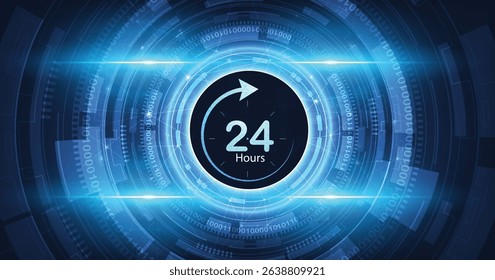 24-hours service concept. 24-hour circle arrow service icon vector illustration shows Customer service, Customer help, and Tech support on a dark blue background.	