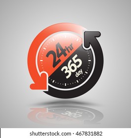 24hr 365 Day With Two Circle Arrow Icon. Vector Illustration.