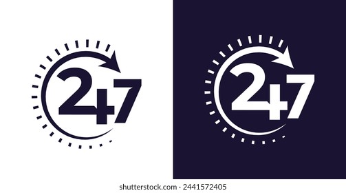 24hr services with clock scale logo. 24 by 7 icon Vector