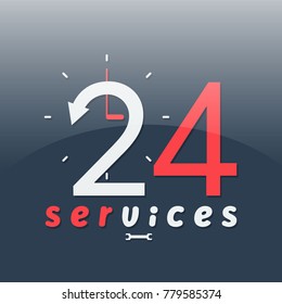 24hr services with clock scale logo. Vector illustration. 
