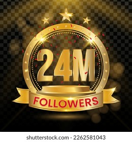 24M Followers Logotype with Gold and red Confetti Isolated on Black Background (PNG), Vector Design for Greeting Card and Social Media. svg