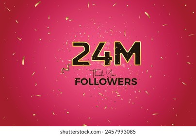 24M isolated on pink background with sparkling confetti, Thank you followers peoples, golden, Black number 24M online social group, 25M svg