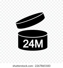 24m PAO icon. 24 months period after opening sign. Black jar with open lid and numbers. Product freshness time. Cosmetic, shampoo, makeup validity label isolated on transparent background svg