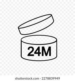 24m PAO icon. 24 months or 2 years period after opening sign. Thin line jar with open lid and number. Product freshness time. Cosmetic, shampoo, makeup validity mark isolated on transparent background svg
